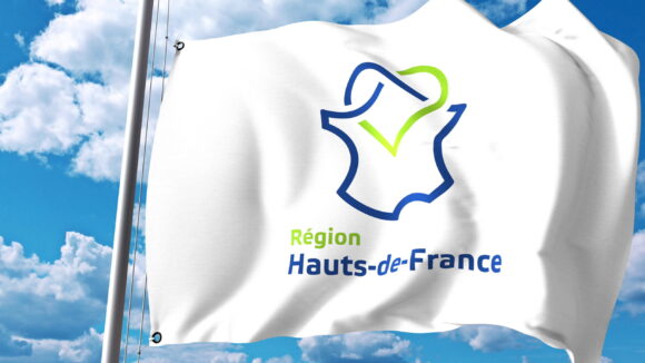 Waving flag with logo of Hauts-de-France, a region of France. 3D rendering
